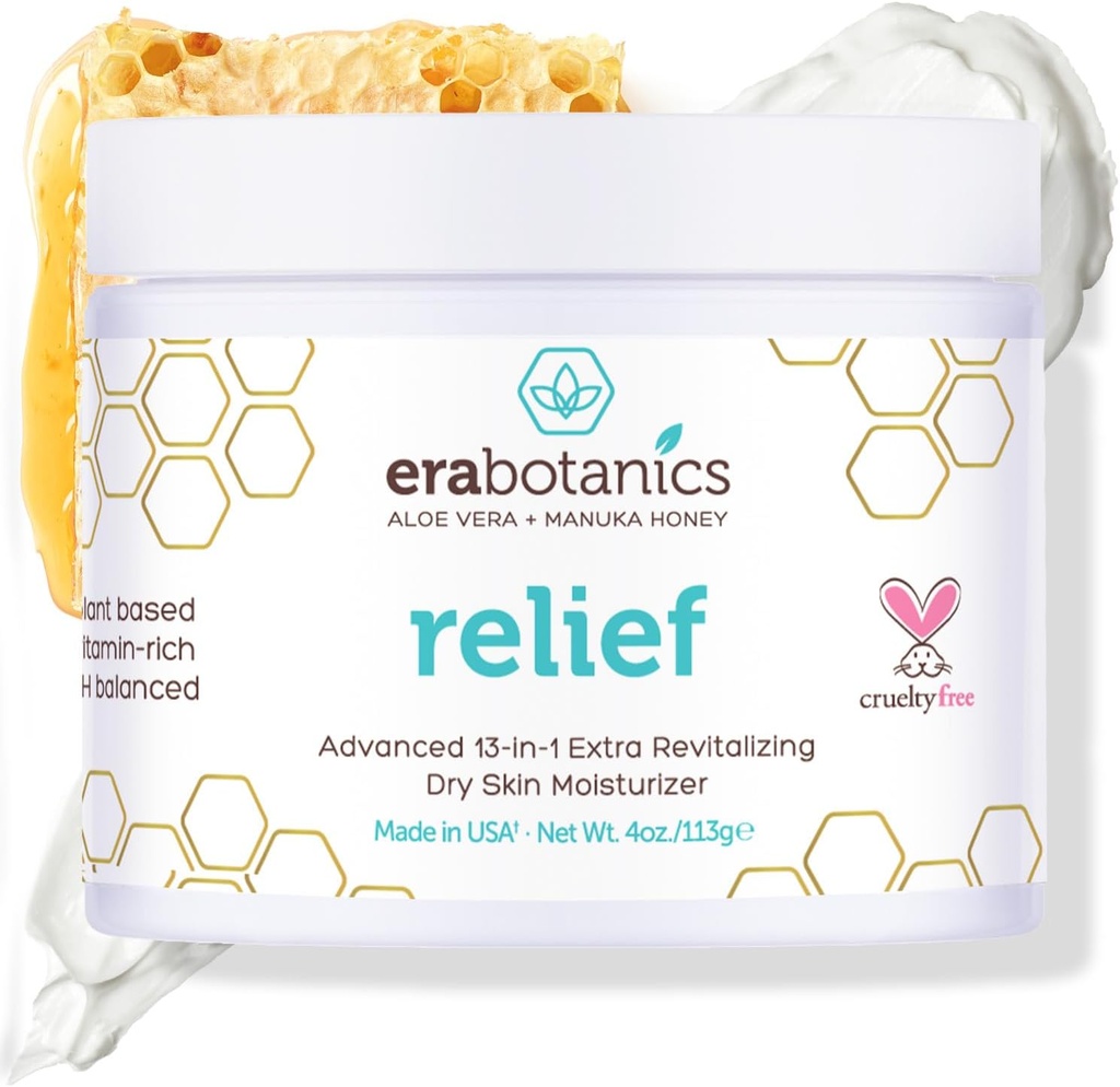 Era Organics Eczema, Psoriasis & Dermatitis Moisturizer Cream - Advanced 13-in-1 Non-Greasy Face or Body Lotion for Dry, Itchy Skin with Aloe Vera, Manuka Honey and More 4oz