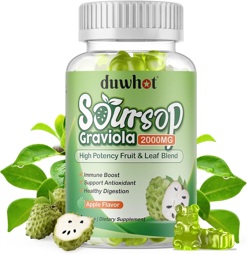 Soursop Gummies 2000MG, Soursop Leaf & Fruit Extract for Adults, Soursop Fruits w/Vitaminc C for Immune Support, Antioxidant and Digestive Aid, Vegan, 60 Counts