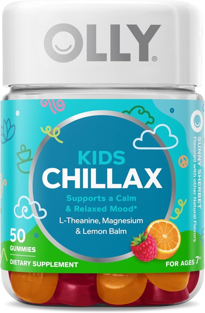 OLLY Kids Chillax Gummies, Magnesium, L-Theanine, Lemon Balm, Chewable Supplement, Sherbet Flavor