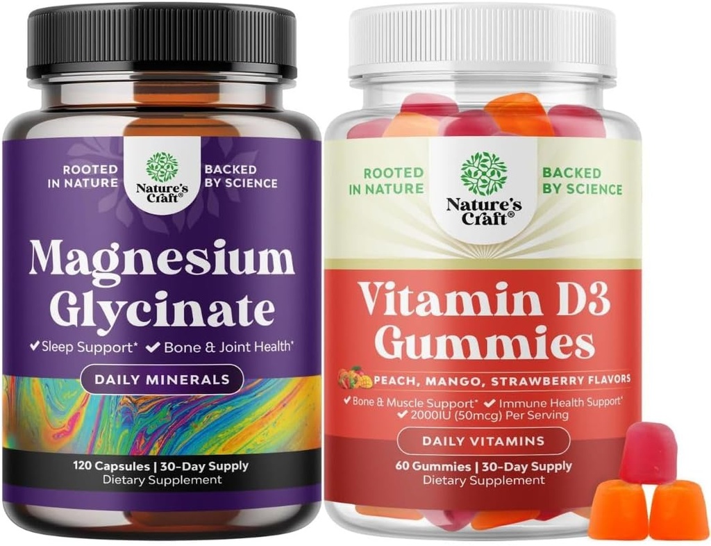 Bundle of Pure Magnesium Glycinate 400mg Per Serving for Mood Sleep and Relaxation and Vitamin D3 Gummies for Daily Wellness or Bone Muscle & Immune Support