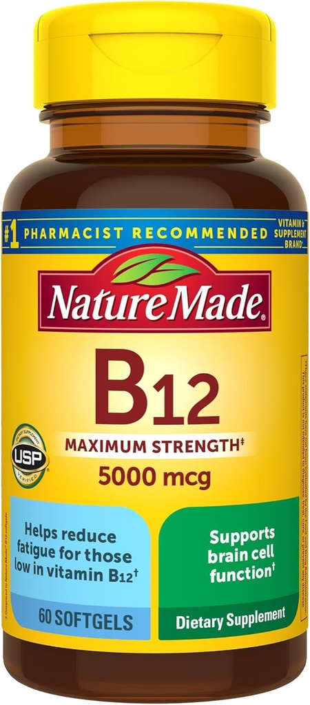 Nature Made Maximum Strength Vitamin B12 5000 mcg, Dietary Supplement for Energy Metabolism Support, 60 Softgels, 60 Day Supply