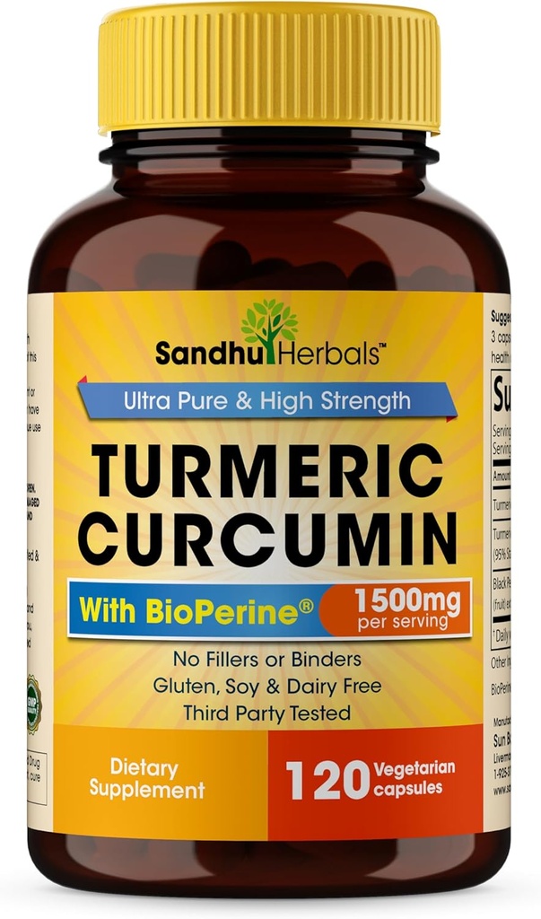 Sandhu Herbals Organic Turmeric Curcumin 120 Capsules with Bioperine Black Pepper Extract Supplement | 1500mg with 95% Curcuminoids | Immune Support
