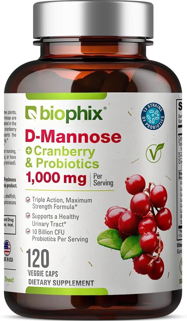 biophix D-Mannose 1000mg Capsules with Cranberry & Probiotics - D Mannose Supplements for Women - D-Mannose Pills for Urinary Tract & Bladder Health Support - Digestive Well-Being - 120 Vcaps