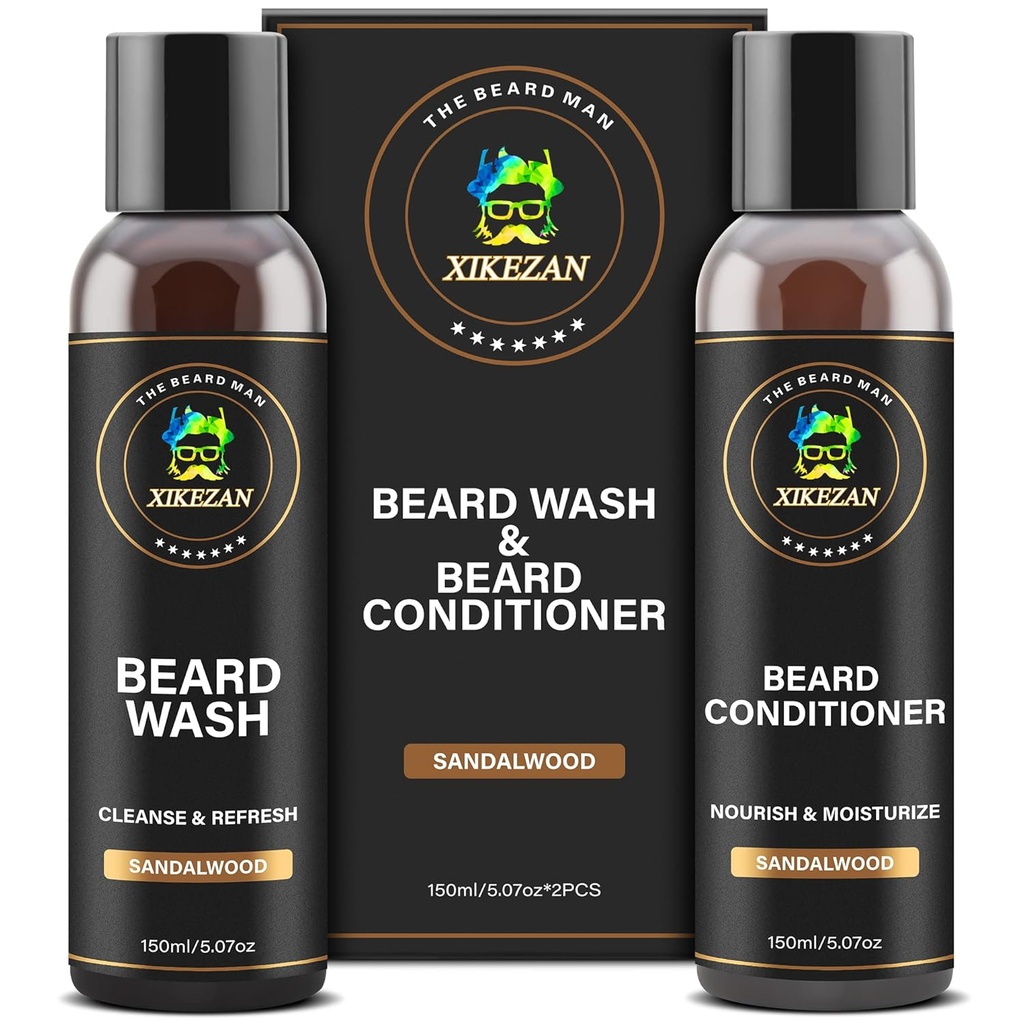 XIKEZAN Beard Wash & Beard Conditioner Natural Softener Set w/Argan & Jojoba Oils Smooths & Strengthens Christmas Stocking Stuffers Father Day Gifts for Men Him Dad Boyfriend Husband