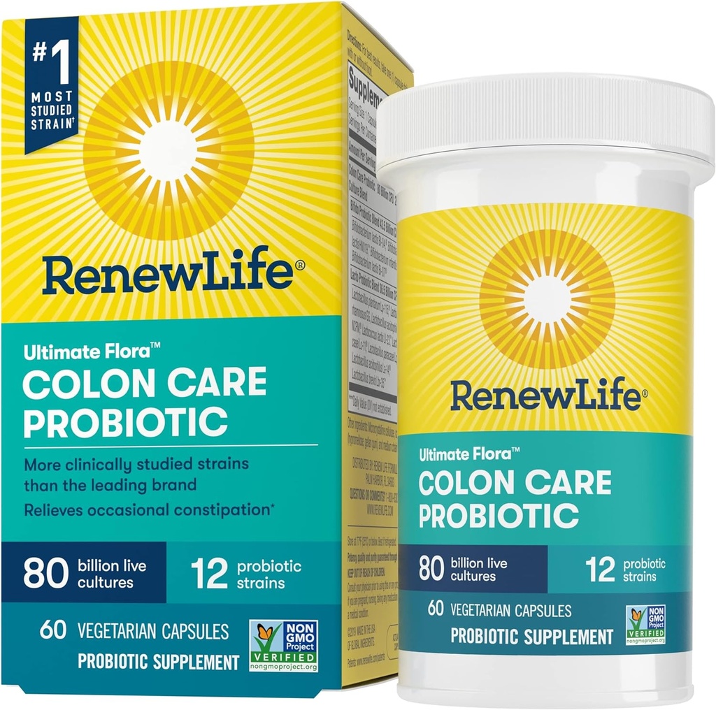 Renew Life Adult Colon Care Probiotic Supplement, Gluten, Dairy & Soy Free, 80 Billion CFU Per Capsule, 60 Capsules (Package May Vary)