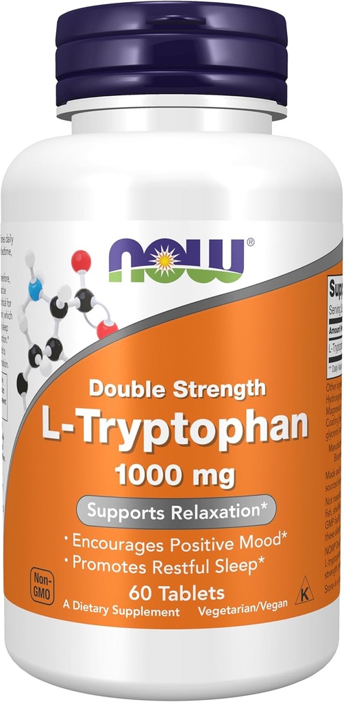 NOW Foods Supplements, L-Tryptophan 1,000 mg, Double Strength, Encourages Positive Mood*, Supports Relaxation*, 60 Tablets
