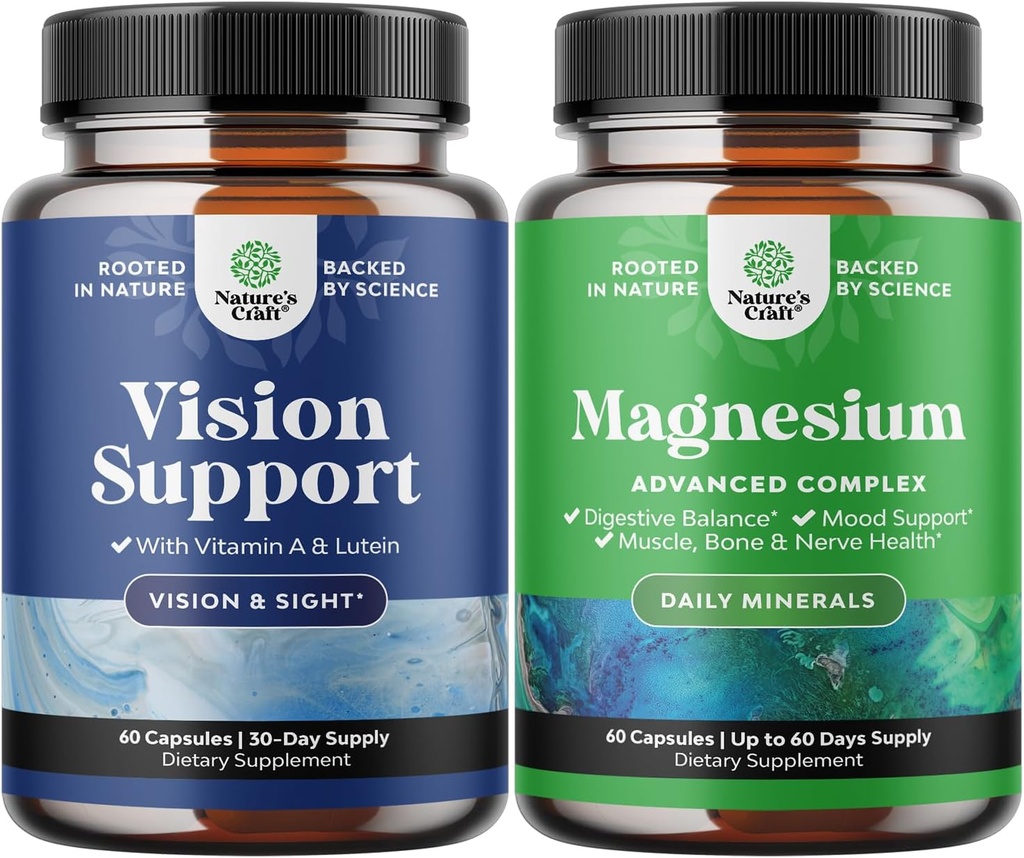 Bundle of Complete Eye Health Supplement for Adults for Vision Dry Eyes Pressure and Blue Light Protection and High Absorption Magnesium Complex Supplement for Sleep Stomach Digestion and Mood Support
