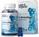 Wild & Organic L-Methylfolate 15mg Gummies - Mood & Brain Support - Folate 5-MTHF Supplement for Brain, Focus, Clarity - Folate Supplement w/Vitamin B9-60 Non-GMO L Methylfolate Gummies