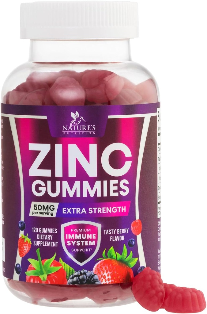 Zinc Gummies 50mg - Bone Skin & Immune Support Health Gummy & Premium Antioxidant Chewable for Adults - High Absorption Vegan, Gluten Free Zinc Supplements Vitamin - Tasty Berry Flavor - 120 Gummies