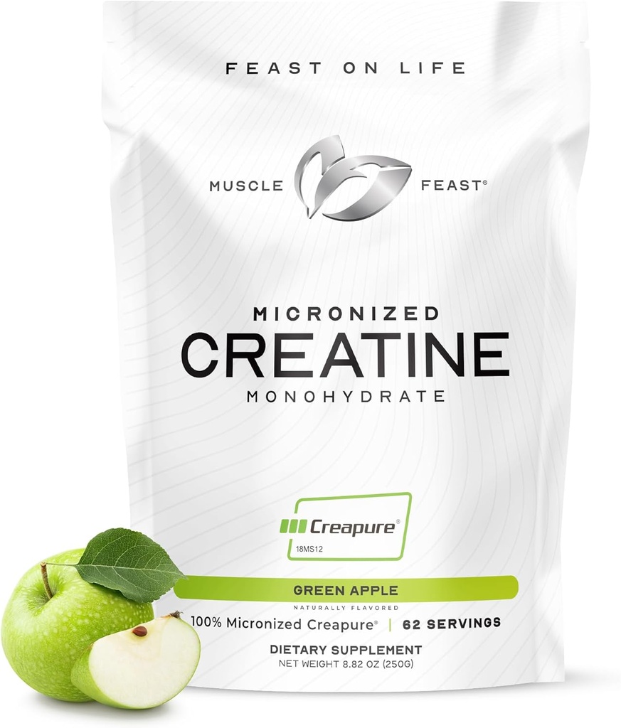 Muscle Feast Creapure - Micronized Creatine Monohydrate Powder | Premium Pre-Workout or Post-Workout | Flavored Creatine for Women & Men | Easy to Mix, Gluten-Free, Safe and Pure (Green Apple, 250g)