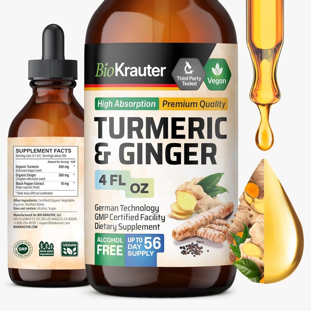 BIO KRAUTER® Turmeric and Ginger Supplement - Pure Vegan Liquid Turmeric & Ginger Tincture with Pepper 4 Fl.Oz 56 Days of Supply - Curcumin Drops for Joint Support, Antioxidant & Immune Support