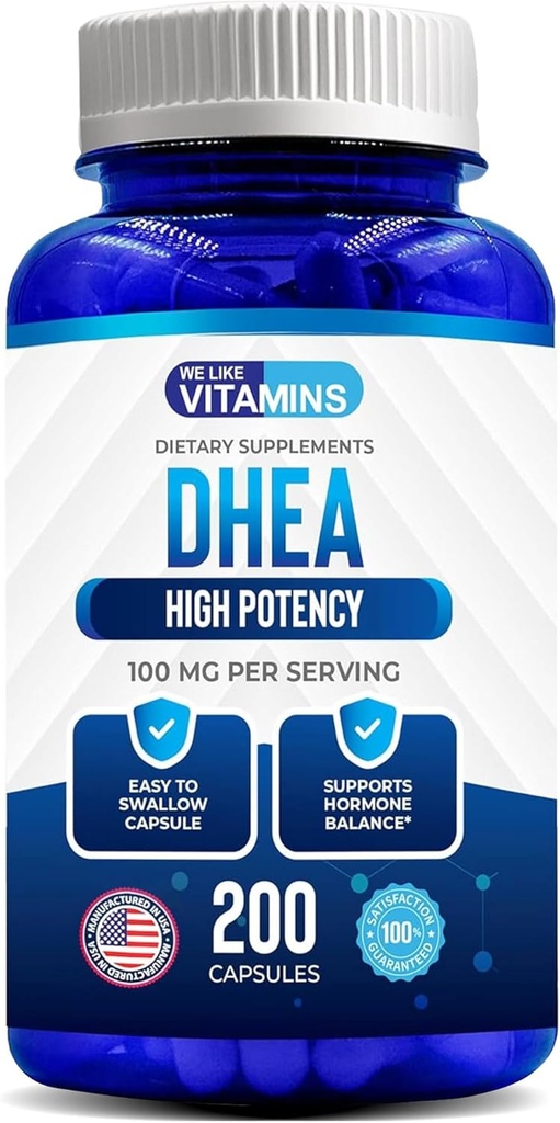 We Like Vitamins DHEA 100mg 200 Capsules - 200 Day Supply of DHEA Capsules - Helps with Hormone Balance and Energy Levels for Men & Women