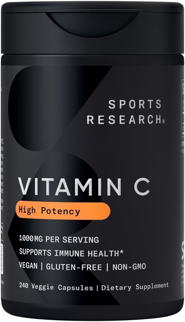 Sports Research High Potency Vitamin C Supplement - Vegan Veggie Capsules for Antioxidant Activity & Immune Support - Non-GMO Verified & Gluten Free - Ascorbic Acid Vitamin C 1000mg, 240 Count
