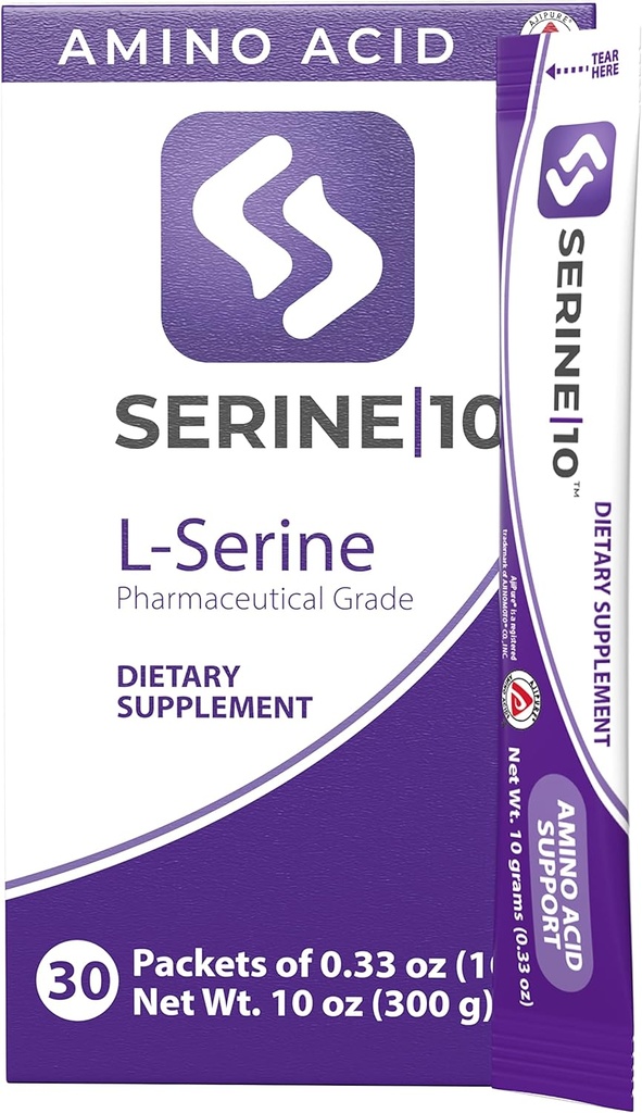 SERINE10 L-Serine Nootropics Packets - Support Brain Health, Memory, Focus, & Production of Serotonin, L-Tryptophan, & L-Cystine - 30 Premeasured Powder Packets with 10 Grams (30000 mg)