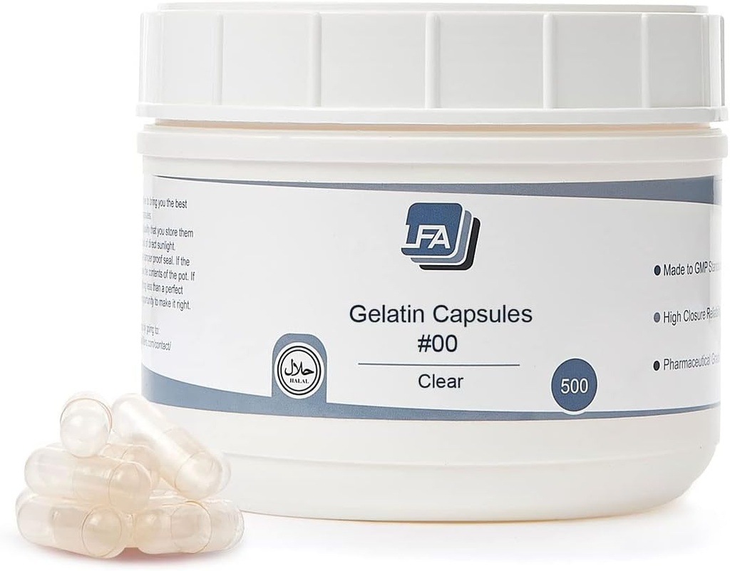 Size 00 Empty Capsules - Clear Gelatin - 500 Count Jar - Fits Capsule Machine Filling Tray - Joined Beef Gel Caps Easy Snap for DIY Powder Supplement Pills - Certified Halal