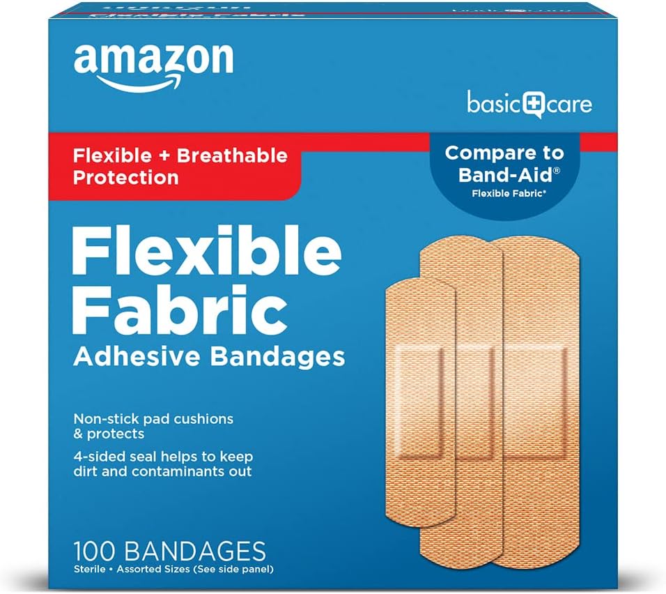   Basic Care Flexible Fabric Adhesive Bandages, First Aid and Wound Care Supplies, Assorted Sizes, 100 Count
