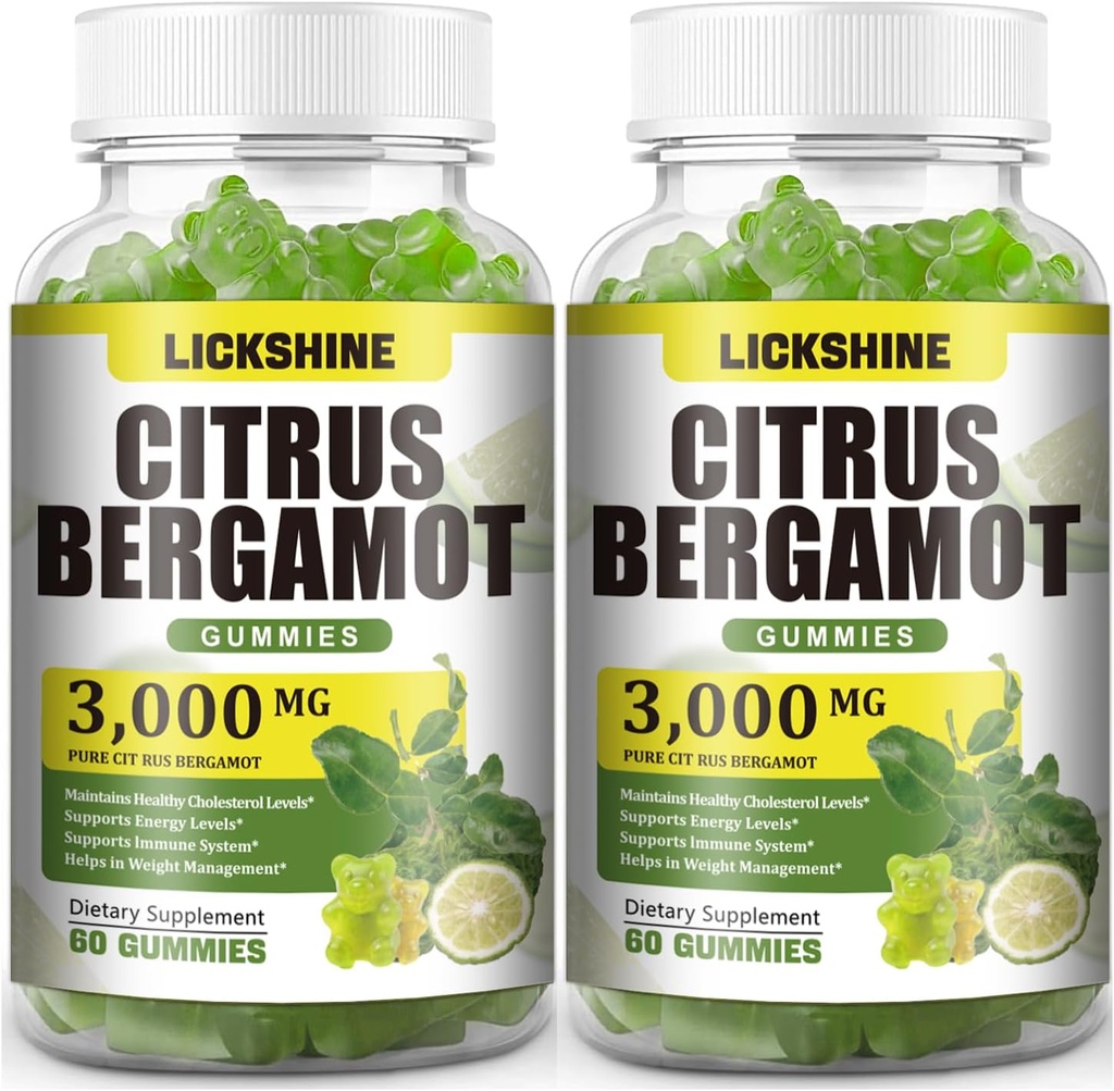 2 Pack 3000MG Citrus Bergamot Gummies - Citrus Bergamot Extract Cholesterol Lowering Supplement for Immune Support Anti-Aging, Hight Cholesterol Sugar-Free Vegan Lime Flavor 120 Cts