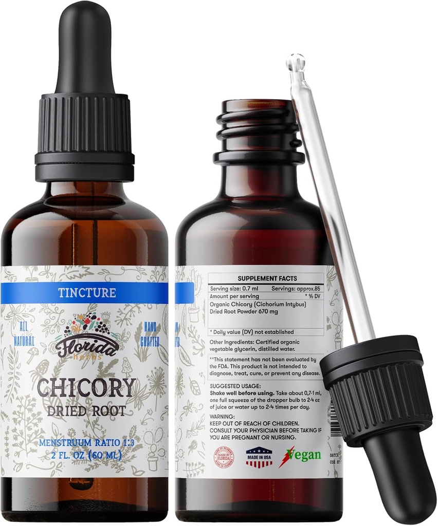 Chicory Tincture Extract, Organic Chicory (Cichorium Intybus) Dried Root for Loss of Appetite, Liver, and Gallbladder, Non-GMO in Cold-Pressed Organic Vegetable Glycerin 2 oz (60 ml), 700 mg