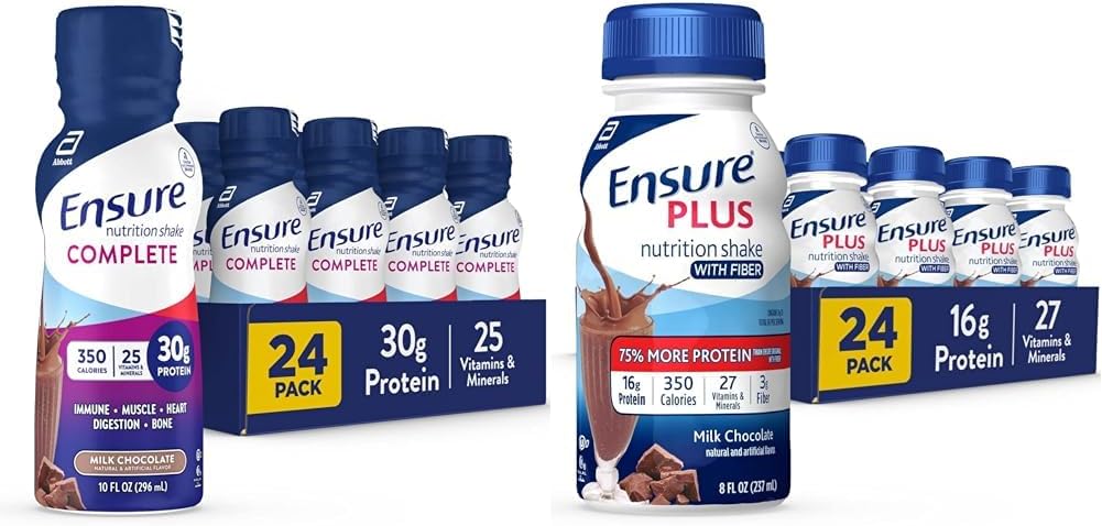 Ensure COMPLETE Nutrition Shake & Ensure Plus Nutrition Shake With Fiber, 16 Grams of Protein, Meal Replacement Liquid, Milk Chocolate, gluten free, 8 Fl Oz (Pack of 24)