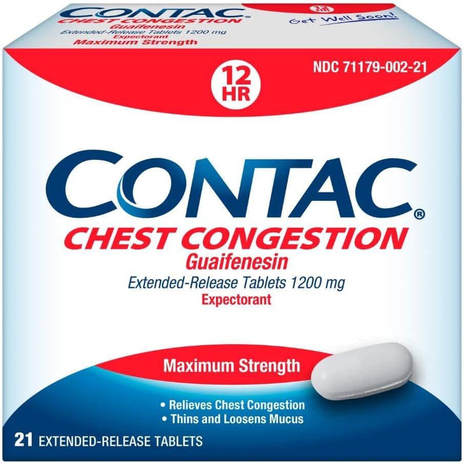 Contac Chest Congestion, Maximum Strength Expectorant Controls Cough and Thins and Loosens Mucus, Extended Release Tablets, Guaifenesin 1200 mg, Extended Release Tablets, 21 Count