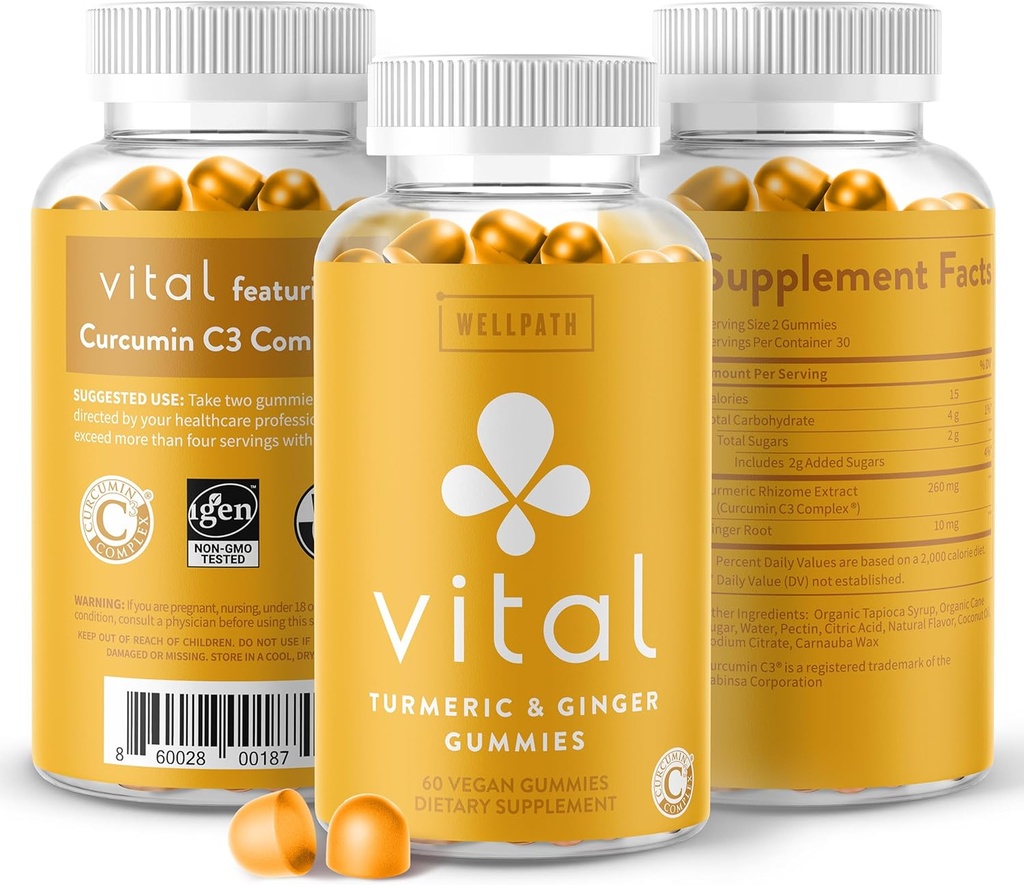 WellPath Vital Turmeric Gummies + Ginger - Joint Support Curcumin Supplement, Turmeric Curcumin C3 Complex, Tasty Alternative to Capsules, Turmeric & Ginger Root, Tropical Flavor Chews, Vegan, 60 Ct