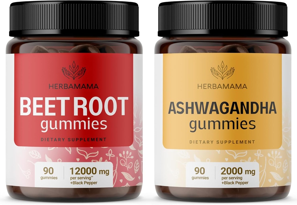 HERBAMAMA Beet Root and Ashwagandha Kit - Bundle of 12000 mg Beet Root with Black Pepper & 2000 mg Ashwagandha Root Gummies - Vegan, Gelatin-Free, Non-GMO