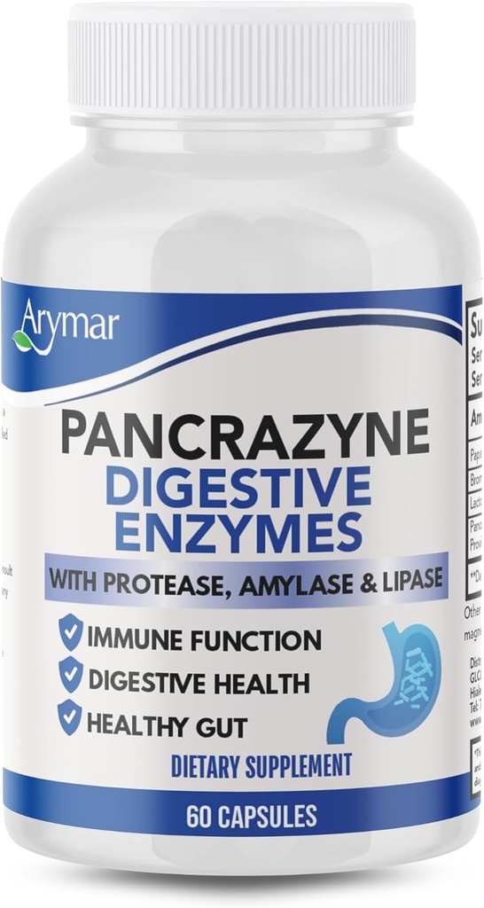 Arymar Pancrazyne Probiotics, Digestive Enzymes with Amylase, Protease, Lipase & Lactobacillus, Gut Health & Digestive Support Supplement, 60 Capsules