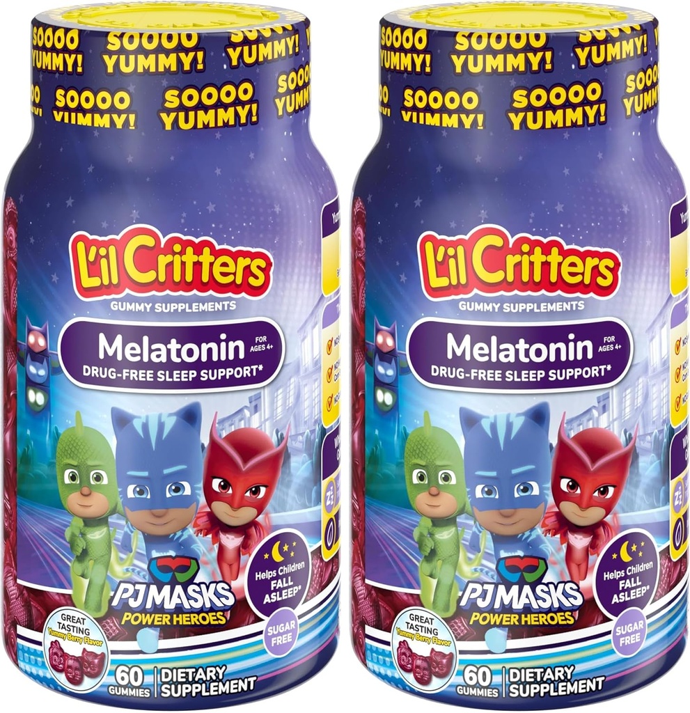 L'il Critters PJ Masks Gummy Melatonin Supplement for Kids, Drug-Free Sleep Support, 60 Gummies (Pack of 2)