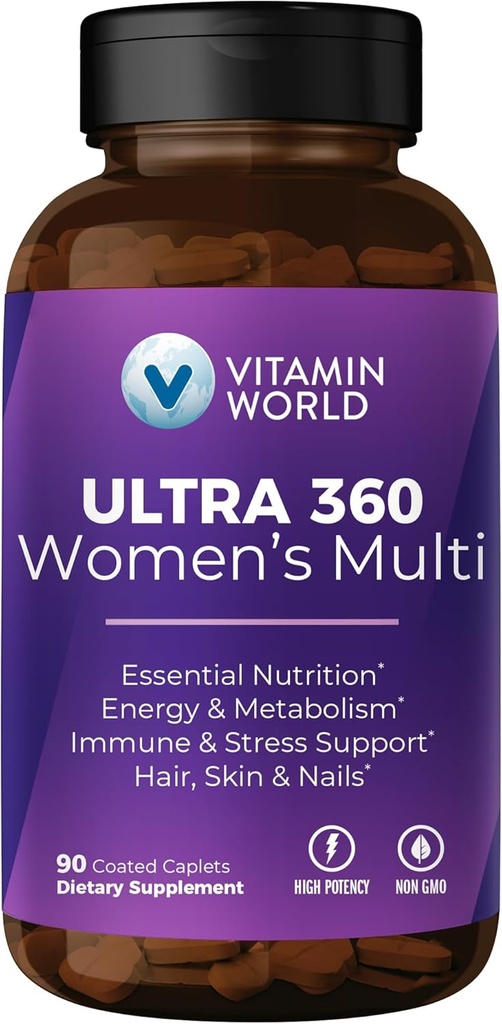 Vitamin World Ultra 360 Multivitamin for Women, Women's Multivitamin with Herbs & Collagen for Hair, Skin & Nails, Supplement with Iron, Vitamin A, B, C, D, E for Energy & Immune Support, 90 Caplets