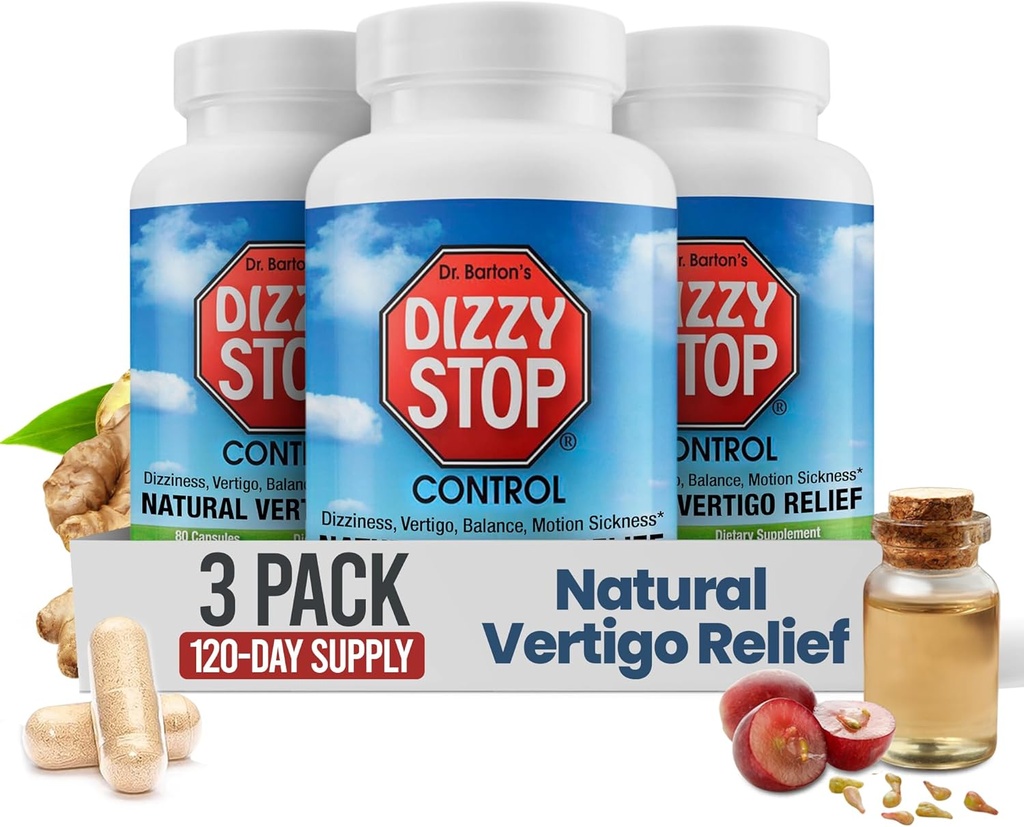 Vertigo Relief Product & Non‑Drowsy Motion Sickness Pills: Nausea and Dizziness, Ginger & Grape Seed Formula, Inner Ear Balance, Car, Cruise & Travel Essential, Stomach Support (80 Count – Pack of 3)