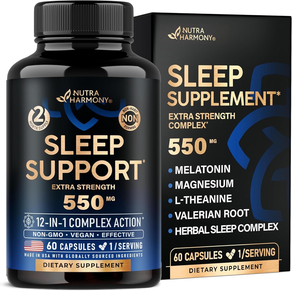 Sleeping Pills for Adults 550mg - Melatonin 3mg | Valerian Root for Sleep | L-Theanine | Magnesium - Natural Sleep Aid Supplement - Non-Habit Forming Rest Support - Made in USA - 1/day, 2 Month Supply