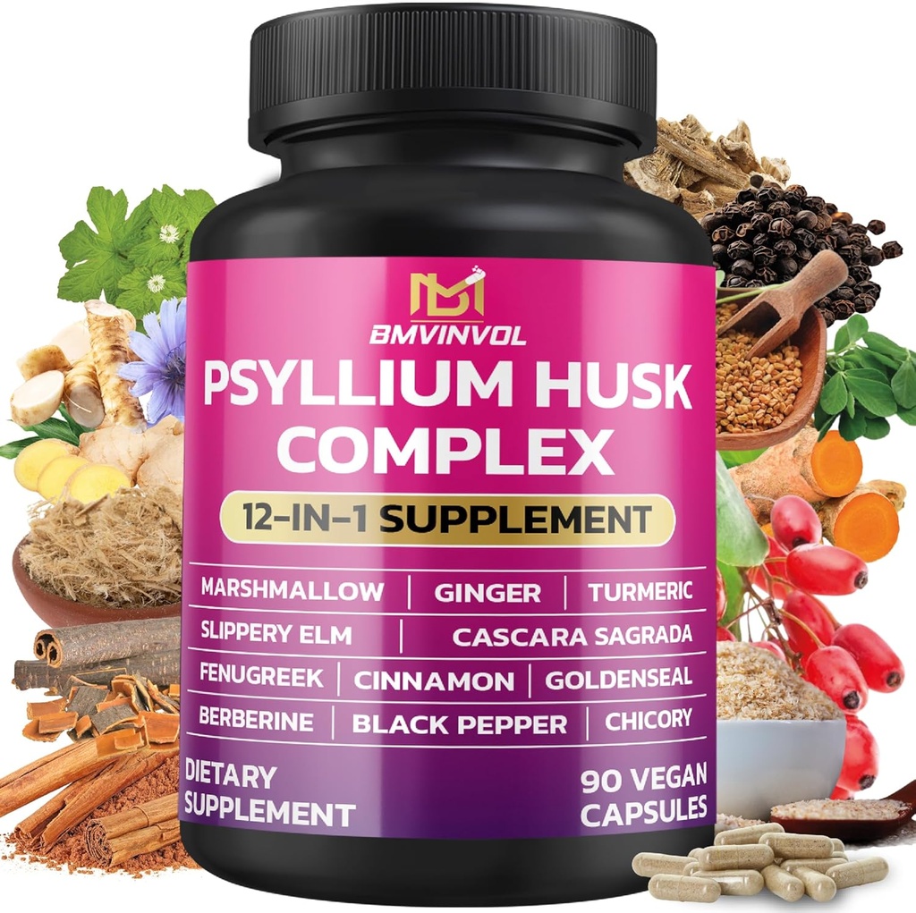 BMVINVOL Psyllium Husk, Slippery Elm, Cascara Sagrada, Fenugreek, Berberine, Cinnamon, Turmeric + 5 Mores - Immune Support & Digestive Health Supplement - 90 Capsules