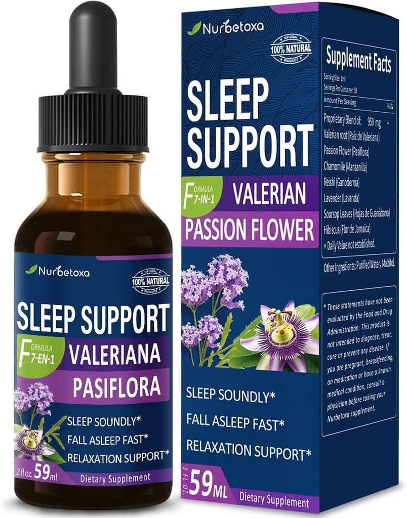 Valerian Sleep Support Drops, Gotas de Pasiflora y Valeriana y Lavanda para Dormir Profundamente rapido. Passion Flower & Lavender Extract Liquid Tincture for Fast and Sound Sleep. 2oz