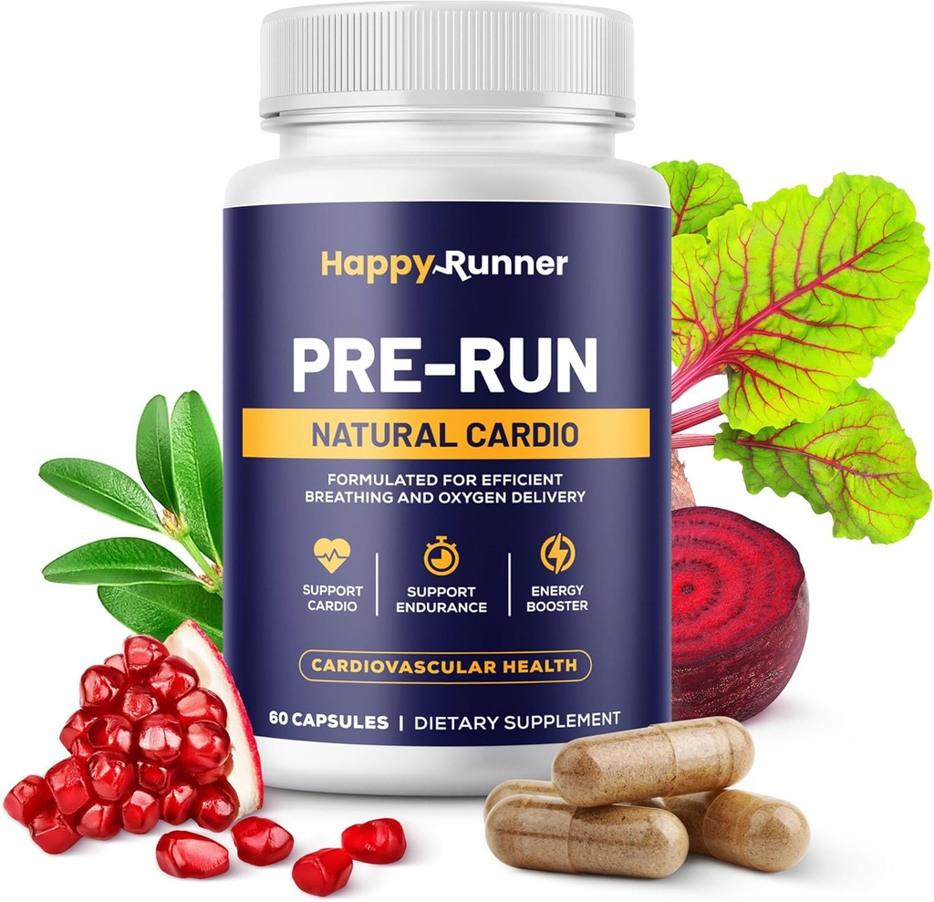 Happy Runner: Pre-Run - Enhances Breathing, Improved Oxygen Delivery, Respiratory Efficiency, Boosts Endurance, Nitric Oxide Booster, Improved Blood Flow, Running Supplements, Cardiovascular Health