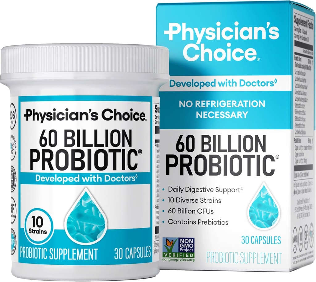 Physician's Choice Probiotics 60 Billion CFU - 10 Strains + Organic Prebiotics - Immune, Digestive & Gut Health - Supports Occasional Constipation, Diarrhea, Gas & Bloating - for Women & Men - 30ct