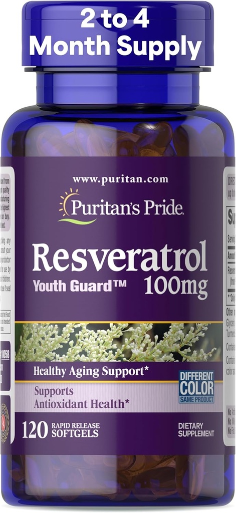 Puritan's Pride Premium Resveratrol Youth Guard™ 100mg, Dietary Supplement for Immune System, Antioxidant, Sugar Metabolism, Blood Flow, and Vascular Function Support, 120 Rapid Release Softgels