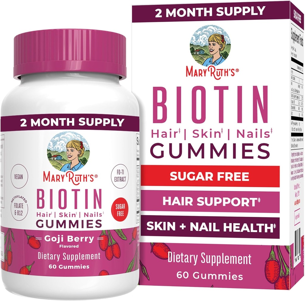 MaryRuth Organics Biotin Gummies | Sugar Free | Vegan | Non-GMO | 2,500 mcg Biotin Supplement | Hair Skin and Nails Vitamins | Hair Growth Vitamins | Hair Growth Supplement | 60 Count