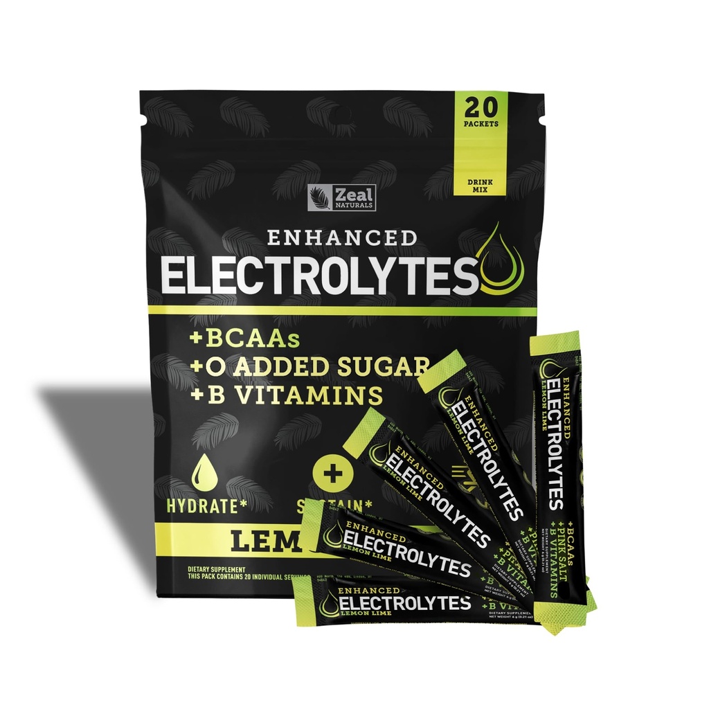 Enhanced Electrolyte Powder Stick Packs (Lemon Lime | 20 Packets) w/ 0 Sugar +BCAAs +B-Vitamins Electrolyte Supplement w Potassium Zinc & Magnesium for Hydration - Keto Electrolytes
