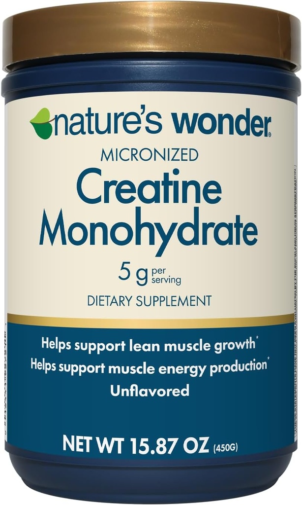 Nature's Wonder Micronized Creatine Monohydrate Powder 5g, Muscle Health, Muscle Energy Production, No Lactose, 5g of Micronized creatine Powder per Serving, 450G, 90 Servings