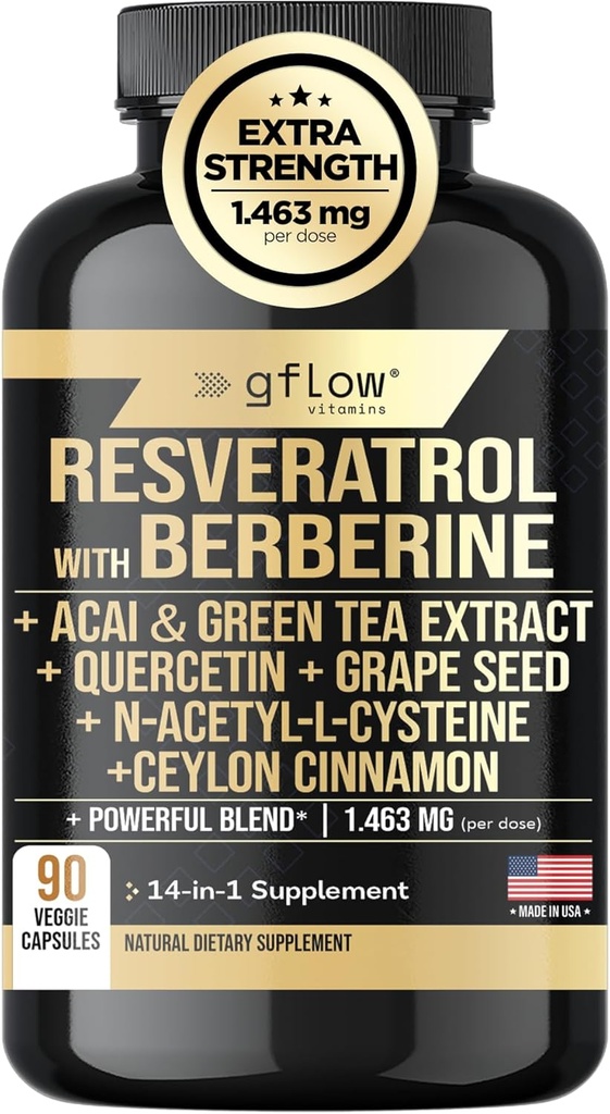 Resveratrol Supplement with Berberine Green Tea Extract, Ceylon Cinnamon, Grape Seed & Quercetin1000mg Quercetin, N Acetyl cysteine, Acai | 100% Natural, Max Strength | Made in USA