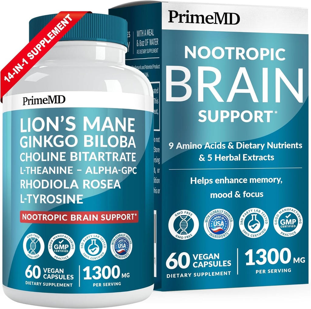 14-in-1 Lions Mane Supplement Capsules - Nootropic Brain Supplement with Ginkgo Biloba for Brain Support, Memory and Focus - Alpha GPC, L Theanine & Choline Supplements with 1300mg Per Serving (60 ct)