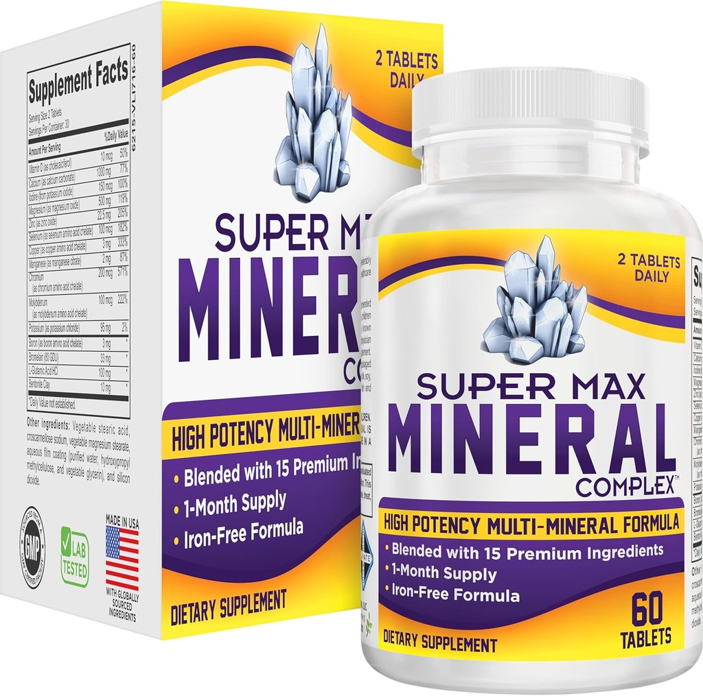 Super-MAX Multimineral Supplement (Iron Free) Multiminerals | High-Potency Multi Mineral Supplements (All-in-1) Minerals Formula | Mineral Complex | 1-Month Supply | 60 Tablets
