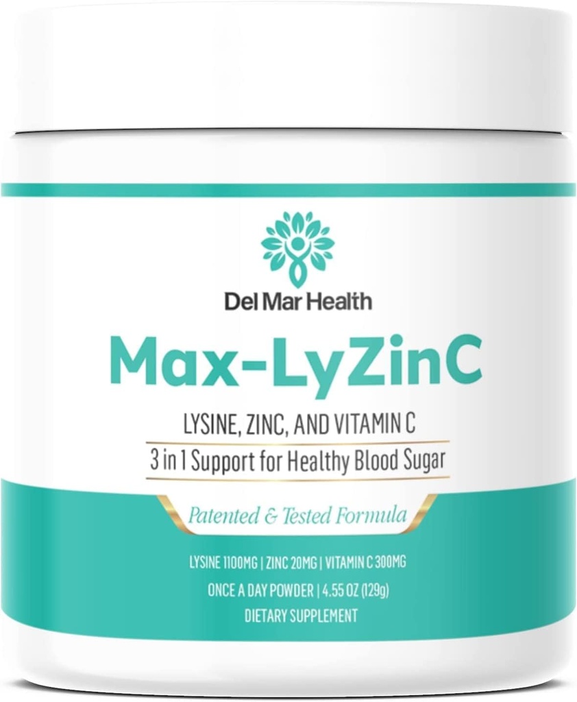Max-LyZinC | L-Lysine 1100 mg + Zinc 6 mg + Vitamin C 100 mg - 3-in-1 Supplement for Maintaining Blood Sugar Already in The Healthy Range - One-Scoop-Per Day Powder