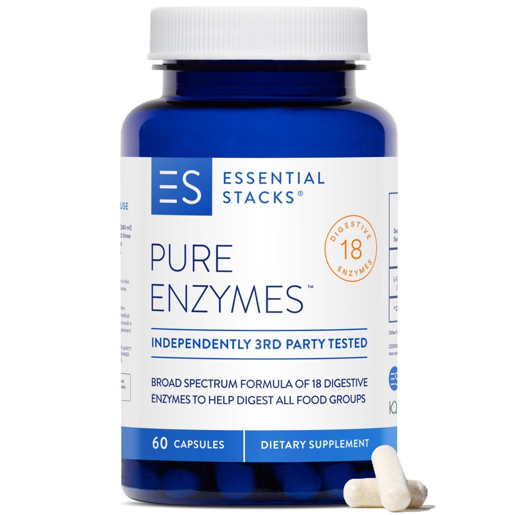 Essential Stacks Pure Digestive Enzymes (Gluten, Dairy & Soy Free) - 18 Enzymes for Digestion incl. Amylase, Lipase & Lactase - Vegetarian & Non-GMO (60 Capsules)