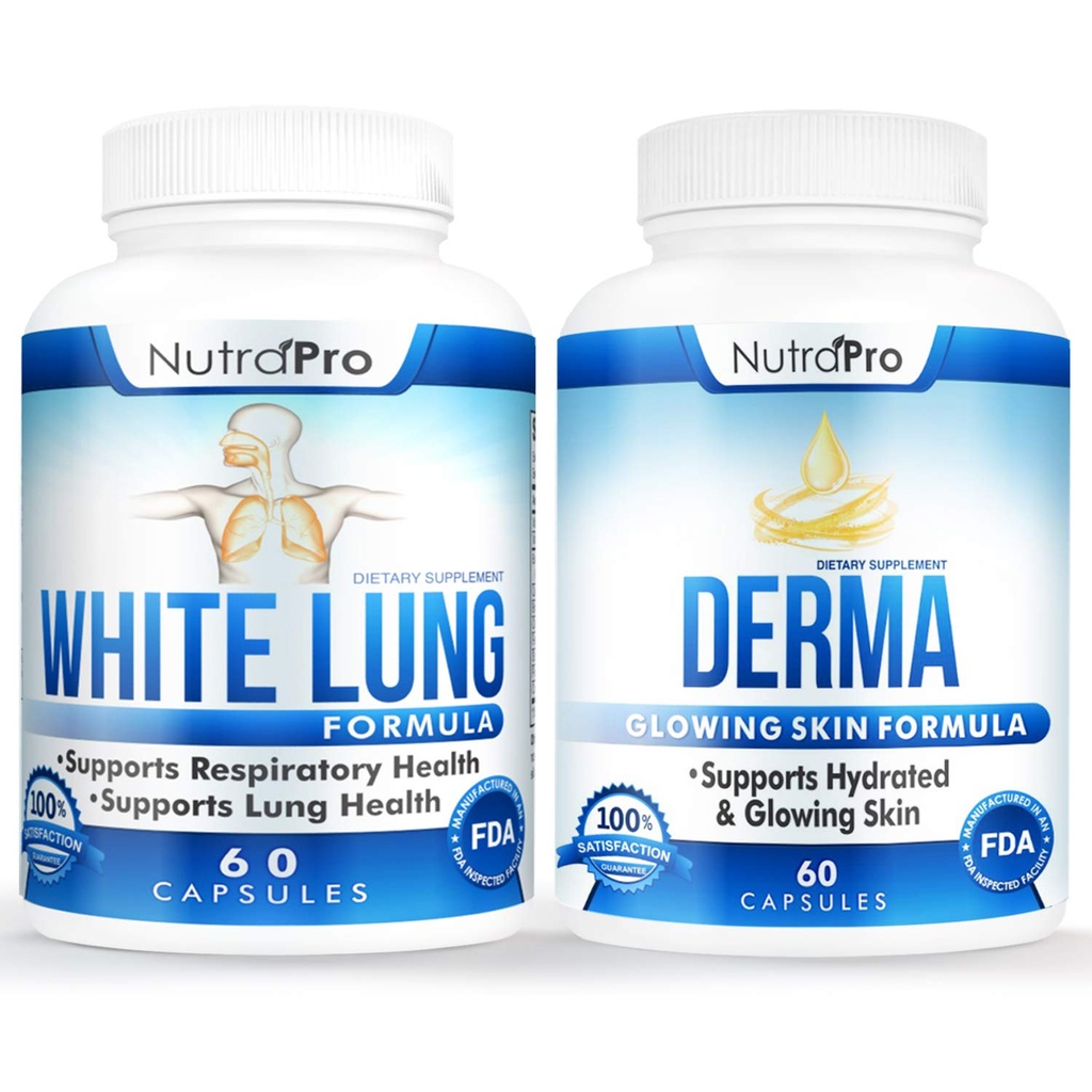 NutraPro White Lung Respiratory Health and Support + Derma - Dermal Repair Complex for Glowing Skin & Skin Hydration.