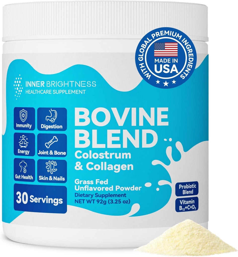 Bovine Colostrum & Collagen Powder for Gut Health, Immune Support, Hair Growth & Beauty Supplement, Sugar Free – IgG, Probiotics, Vitamin B12, C, D3 – Unflavored, 30 Servings