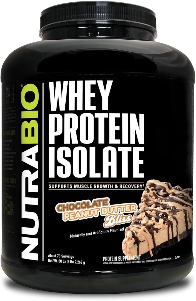 NutraBio 100% Whey Protein Isolate Protein Powder, 25g Protein with Complete Amino Acid Profile, Non-GMO, Soy & Gluten Free, Low Carb, Low Calorie Whey Protein Powder, Chocolate Peanut Butter, 5 Lbs
