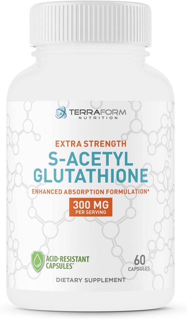 TerraForm Nutrition Extra Strength S-Acetyl Glutathione 300mg – 60 Acid-Resistant Capsules - Premium Glutathione Supplement - Highly Bioavailable & Stable Form SAG Supplement – Made in USA