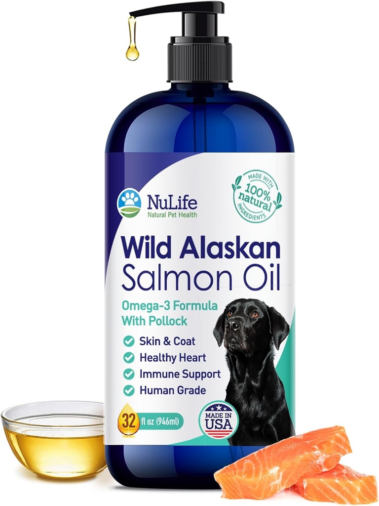 Pure Wild Alaskan Salmon Oil for Dogs, Omega 3 Formula, Dog Fish Oil Liquid, Skin and Coat Supplement for Shedding, Dry Itchy Skin and Allergies, EPA + DHA Fatty Acids, 32 oz Pump Bottle