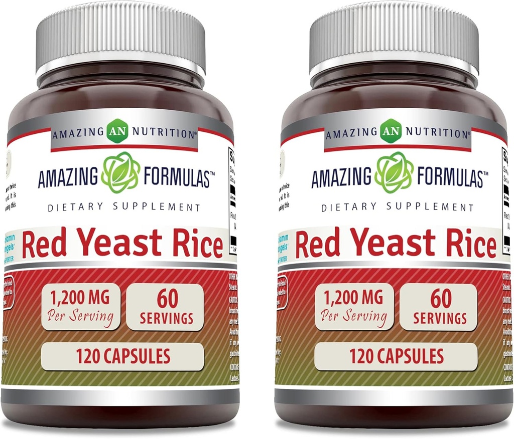 Amazing Formulas Red Yeast Rice 1200mg Per Serving Capsules Supplement | Non-GMO | Gluten Free | Made in USA (120 Count | 2 Pack)